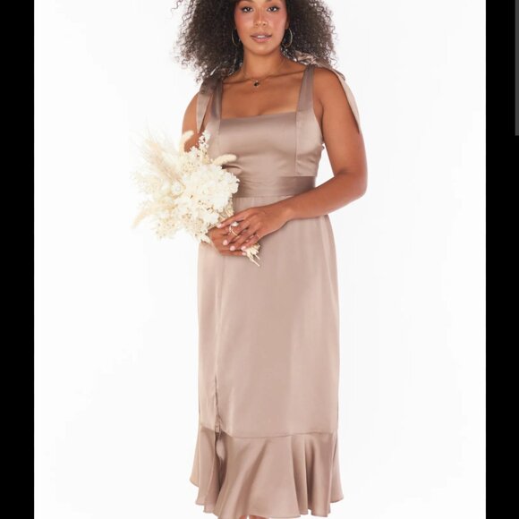 Show Me Your Mumu Claire Midi Dress - Dune Luxe Satin / Mocha Mousse - Picture 1 of 6